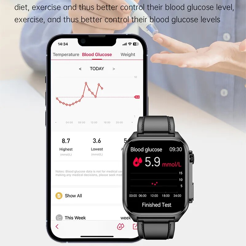 ECG Blood Sugar, Blood Glucose, Blood Pressure Smart Watch