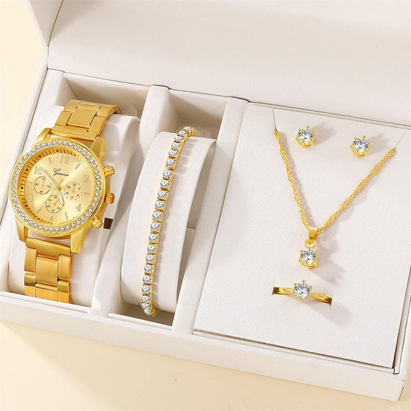 6 Piece Luxury Set Watch/Ring/Necklace/Earring/Bracelet - Clickermans